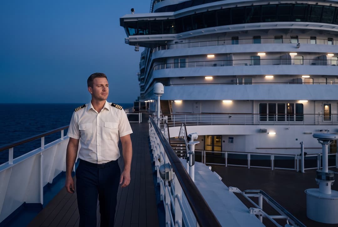 A cruise ship officer on the promenade deck at dusk, the lit superstructure behind him