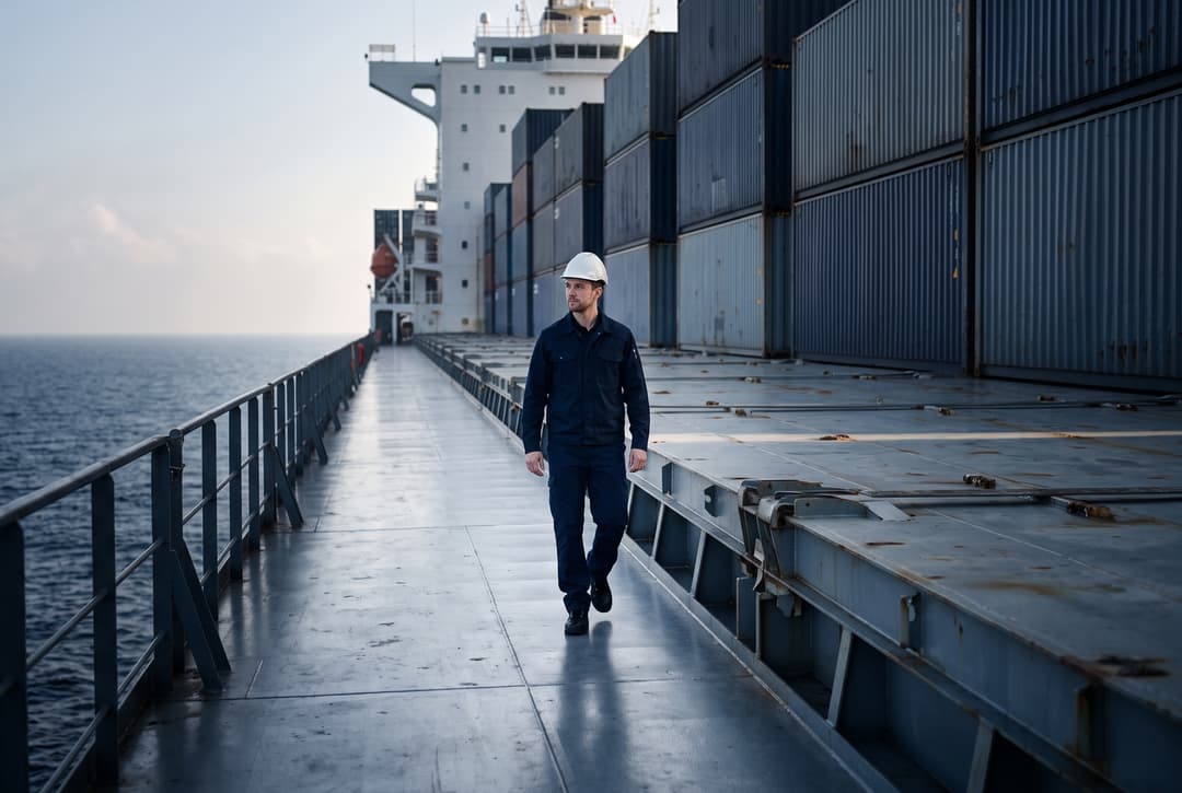 A deckhand in a hard hat walking past container stacks on a container ship