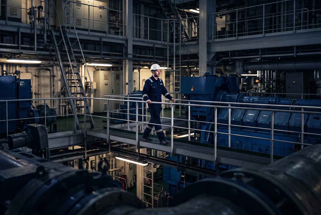 An engineer on a walkway in a ship's engine room