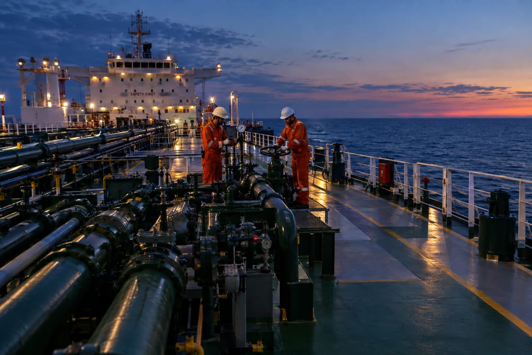 Two deck crew checking a gauge and a valve at the cargo manifold of a tanker at dusk