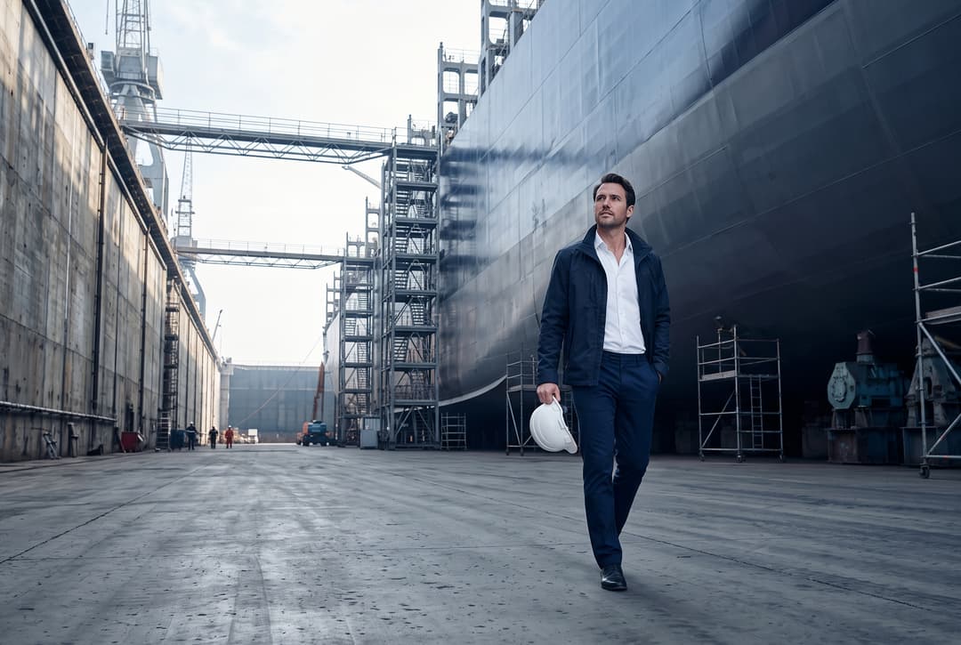 A manager carrying a hard hat through a dry dock beside a ship's hull