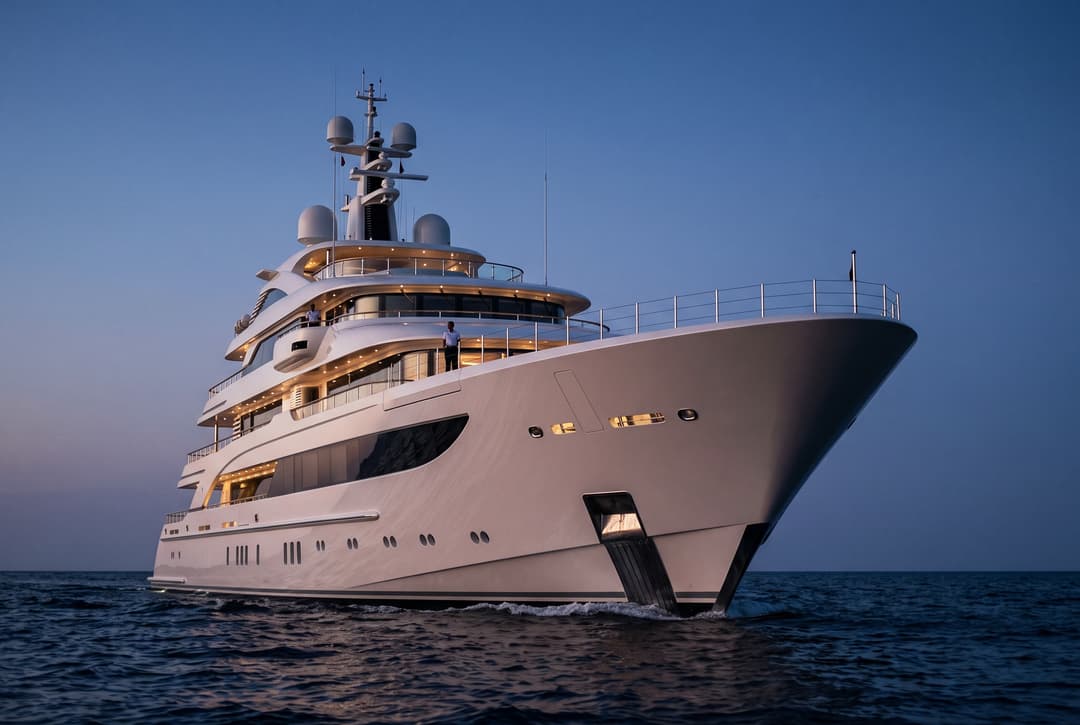 The bow of a superyacht at dusk, crew on deck